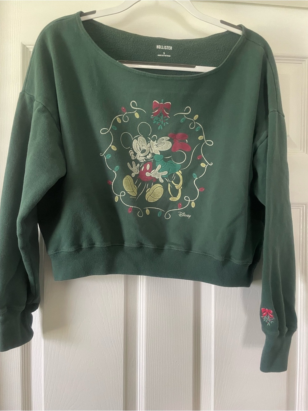 Hollister Green Holiday Mickey off shoulder Sweatshirt small